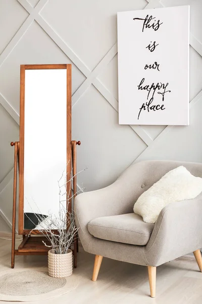 Big Mirror Armchair Grey Wall Room — Stock Photo, Image