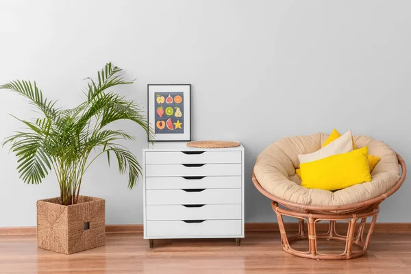 Modern Chest Drawers Houseplant Armchair Light Wall Room — Stock Photo, Image