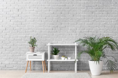 Gri tuğla duvarın yanındaki çiçeklerle dolu odada.