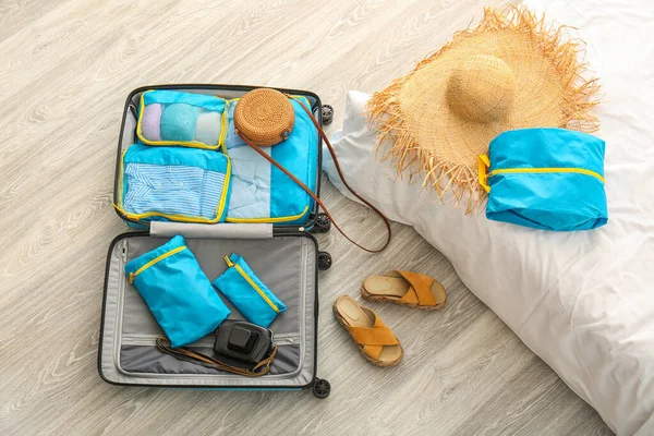 Suitcase Set Travel Organizers Belongings Home — Stock Photo, Image