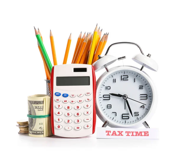 Alarm Clock Calculator Money White Background Concept Tax Deadline — Stock Photo, Image