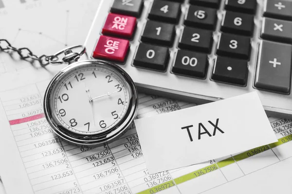 Pocket Watch Calculator Closeup Concept Tax Deadline — Stock Photo, Image