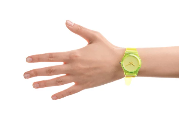 Female Hand Stylish Wrist Watch White Background — Stock Photo, Image