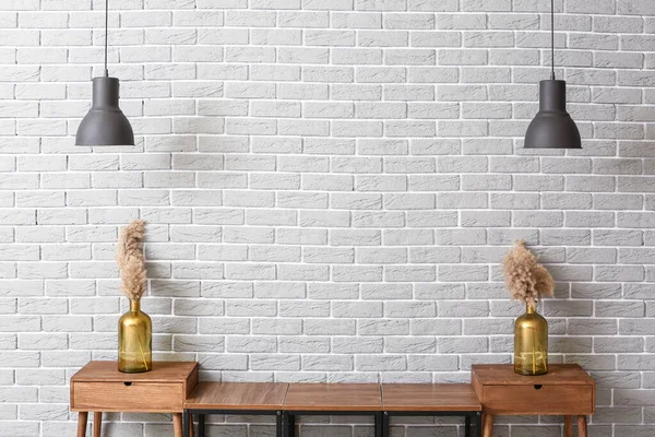 Wooden Stand Decor Lamps Grey Brick Wall Room — Stock Photo, Image