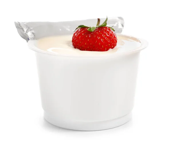 Plastic Cup Strawberry Yogurt White Background — Stock Photo, Image