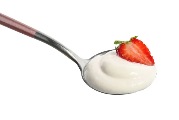 Spoon Med Jordgubbsyoghurt Vit Bakgrund — Stockfoto