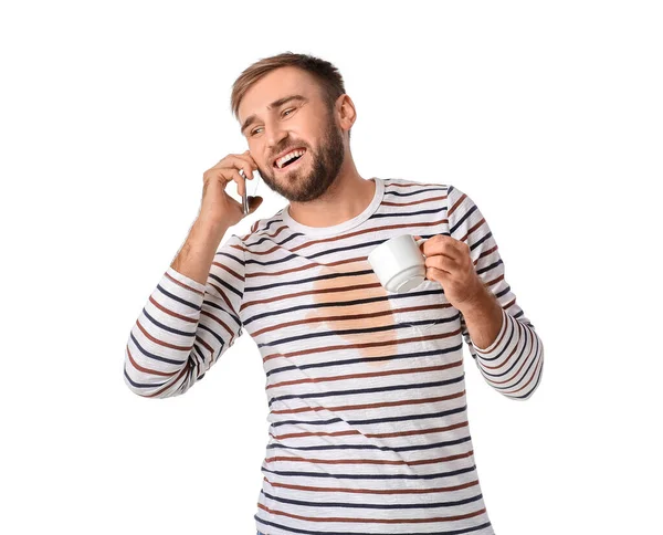 Happy Young Man Coffee Stains His Shirt Talking Mobile Phone — Stock Photo, Image