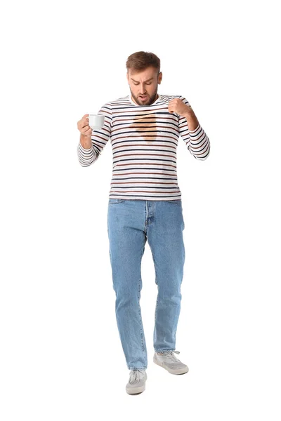 Giovane Stressato Con Macchie Caffè Sulla Sua Shirt Sfondo Bianco — Foto Stock