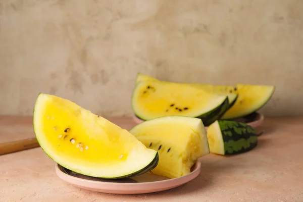 Cut Yellow Watermelon Table — Stock Photo, Image