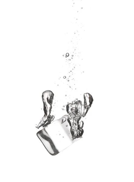 Falling Ice Cube Water White Background — Stock Photo, Image