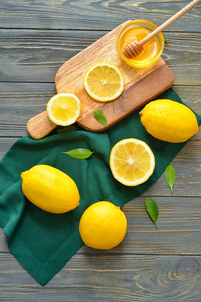 Composition Lemons Honey Wooden Background — Stock Photo, Image