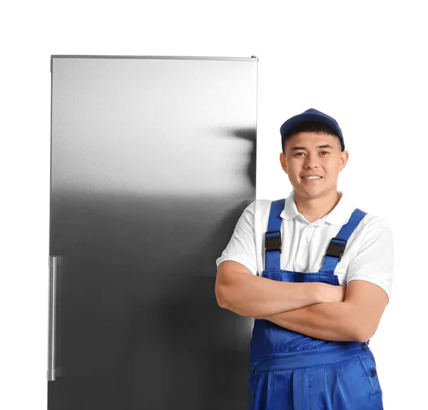 Worker Repair Service Fridge White Background — Stock Photo, Image