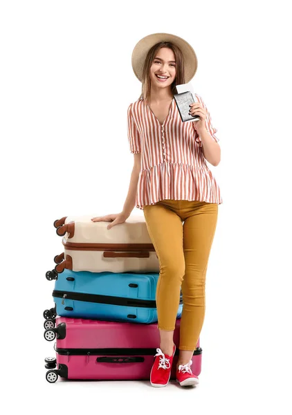Fiatal Fehér Hátterű Bőröndökkel Utazási Koncepció — Stock Fotó