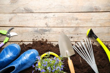 Ahşap arka planda bahçe araçları