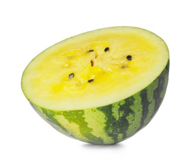 Beyaz arkaplanda olgun sarı karpuz