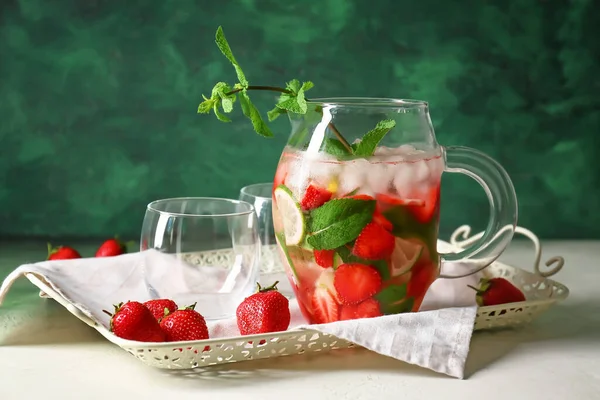 Jug Tasty Strawberry Mojito Tray — Stock Photo, Image