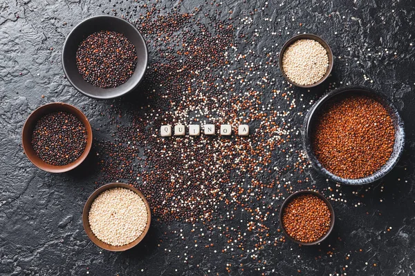 Bowls Different Quinoa Dark Background — Stock Photo, Image