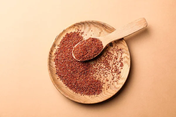 Plate Spoon Healthy Quinoa Color Background — Stock Photo, Image