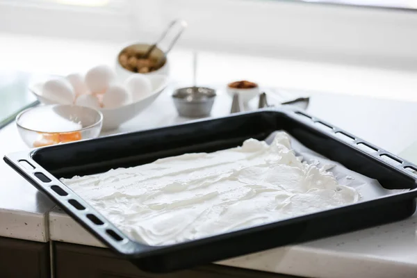Preparing of meringue for baking in kitchen