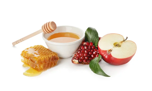 Honung Med Frukt Vit Bakgrund Rosh Hashanah Judisk Nyårsfirande — Stockfoto