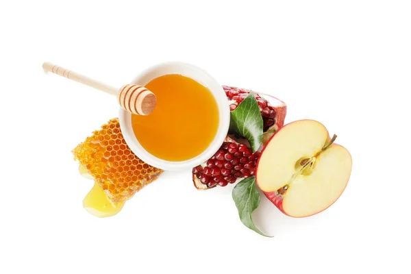 Honey Fruits White Background Rosh Hashanah Jewish New Year Celebration — Stock Photo, Image