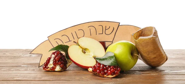 Összetétel Rosh Hashanah Zsidó Újév Ünneplés Asztalon Fehér Háttér — Stock Fotó