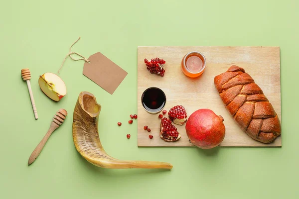 Rosh Hashanah Yahudi Yeni Yılı Için Renk Arkaplanı Üzerine Kompozisyon — Stok fotoğraf