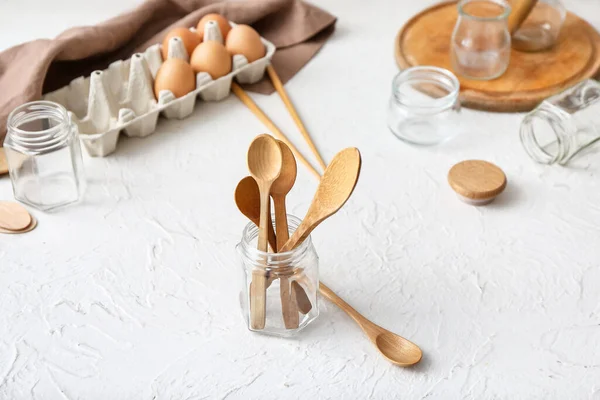 Jar Wooden Cutlery White Background Ecology Concept — Stock Photo, Image