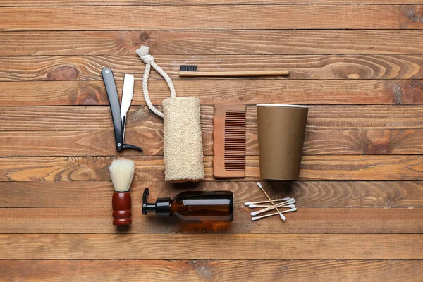 Artículos Baño Naturales Sobre Fondo Madera Concepto Ecológico — Foto de Stock