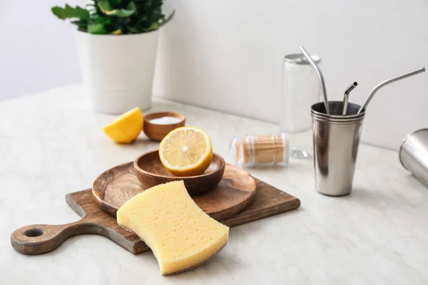 Wooden Utensils Sponge Lemon Table Kitchen Ecology Concept — Stock Photo, Image