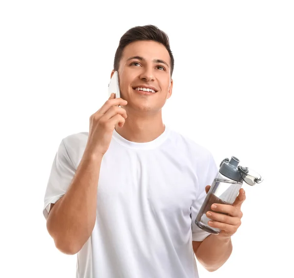 Sporty Young Man Bottle Water Talking Phone White Background — Stock Photo, Image