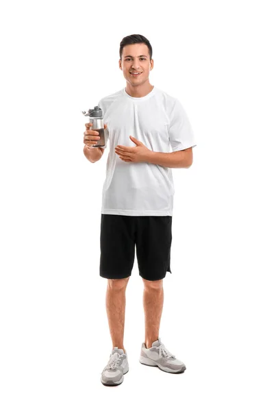 Sportig Ung Man Med Flaska Vatten Vit Bakgrund — Stockfoto