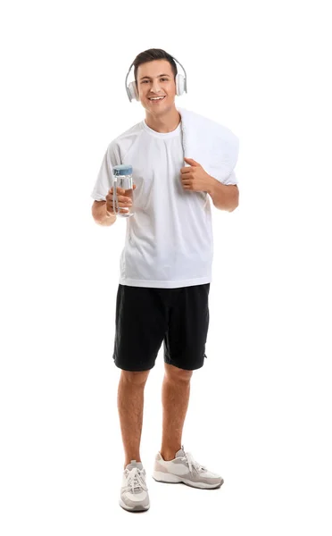 Sportowy Młody Człowiek Butelką Wody Białym Tle — Zdjęcie stockowe
