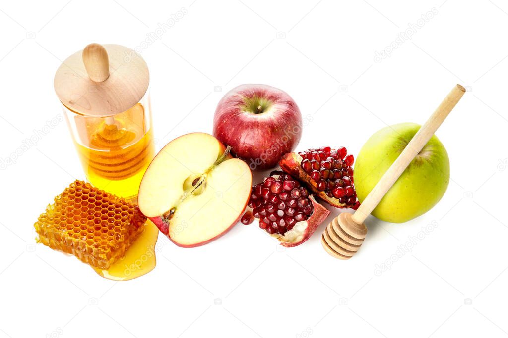 Honey with fruits on white background. Rosh Hashanah (Jewish New Year) celebration