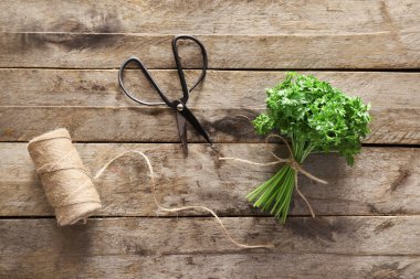 Taze maydanoz, makas ve ahşap arka planda iplik.