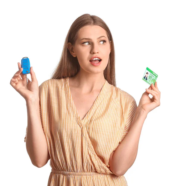 Young Woman Driving License Car Key White Background — Stock Photo, Image