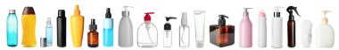 Beyaz arka planda farklı şişeler.