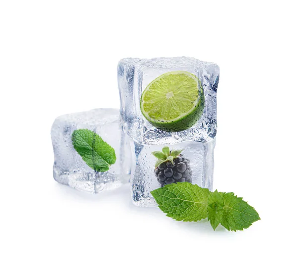 Ice Cubes Lime Blackberry Mint White Background — Stock Photo, Image