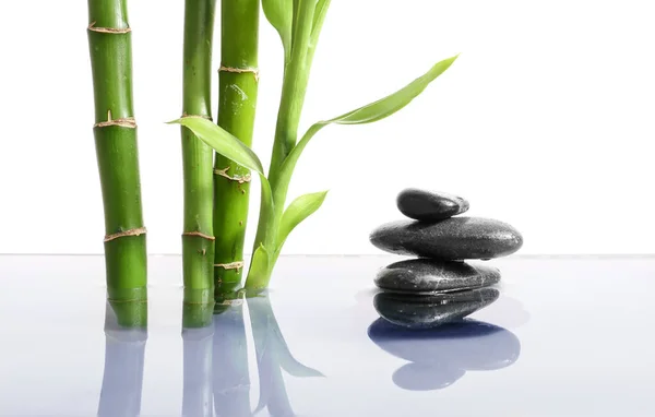 Stack Spa Stones Bamboo Water White Background — Stock Photo, Image