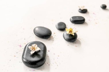 Işıklı arka planda spa taşları ve çiçekler. Zen kavramı