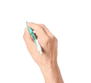 Beyaz arkaplanda kalemi olan el