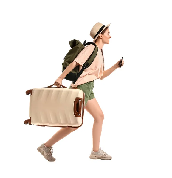 Running Young Woman Suitcase White Background Travel Concept — Stock Photo, Image