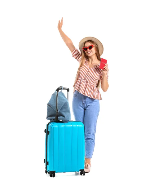 Νεαρή Γυναίκα Αποσκευές Λευκό Φόντο Ταξιδιωτική Έννοια — Φωτογραφία Αρχείου