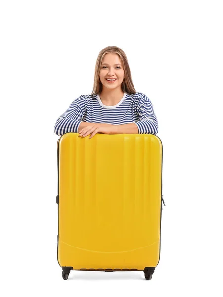 Fiatal Fehér Hátterű Bőrönddel Utazási Koncepció — Stock Fotó