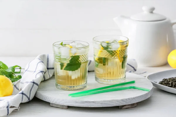 Glasses Tasty Cold Ice Tea Table — Stock Photo, Image