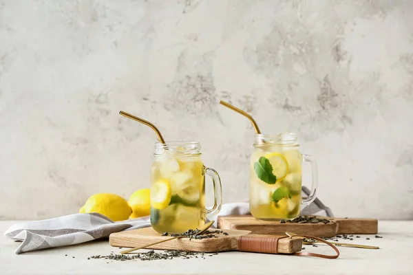 Mason Jars Tasty Cold Ice Tea Table — Stock Photo, Image