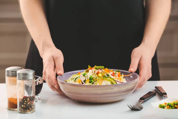 Woman Tasty Fried Rice Bowl Closeup — Stock Photo, Image