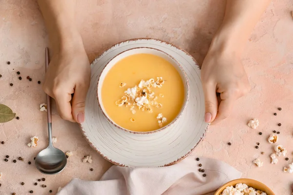 Woman Tasty Popcorn Soup Bowl — Stock Photo, Image