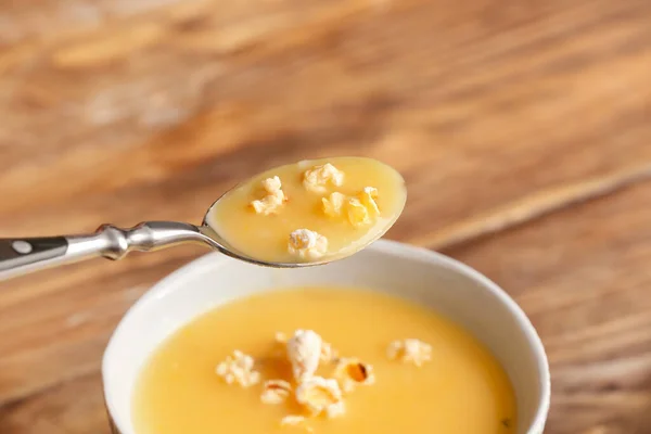 Eating Tasty Popcorn Soup Bowl Closeup — Stock Photo, Image