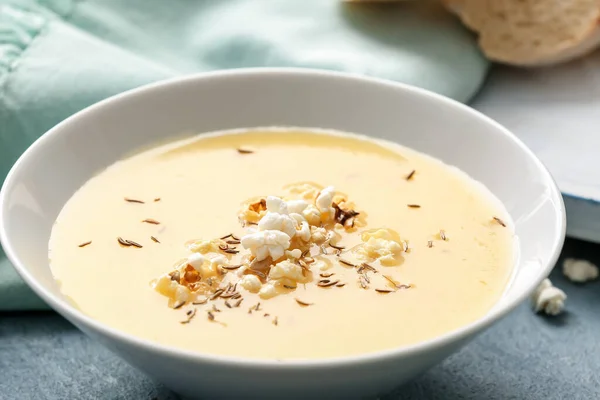 Bowl Tasty Popcorn Soup Table Closeup — Stock Photo, Image